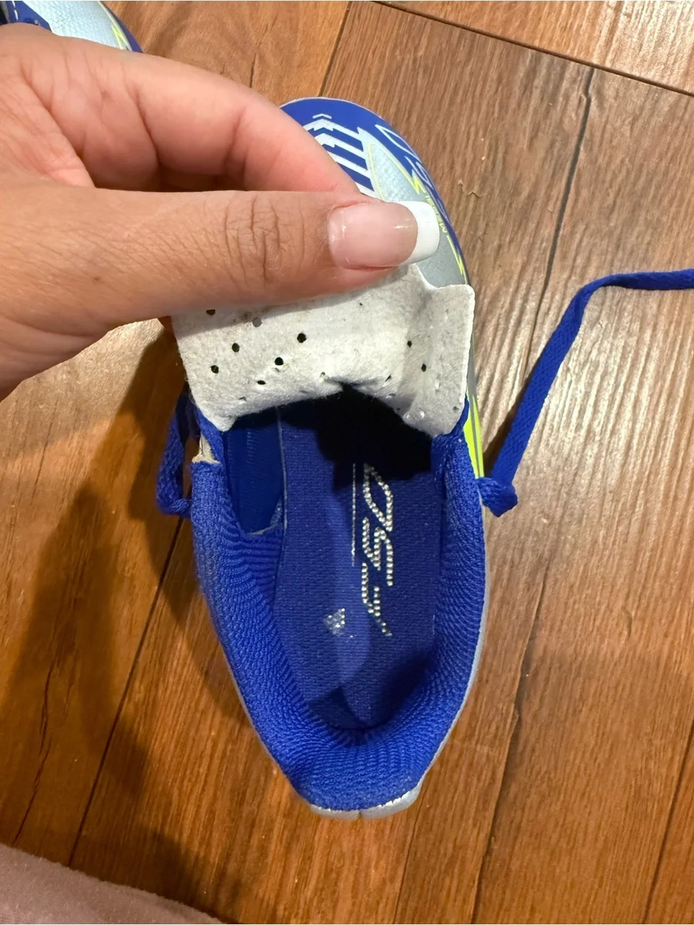 adidas Kids Blue Silver Soccer Cleats with Neon Yellow Accents
